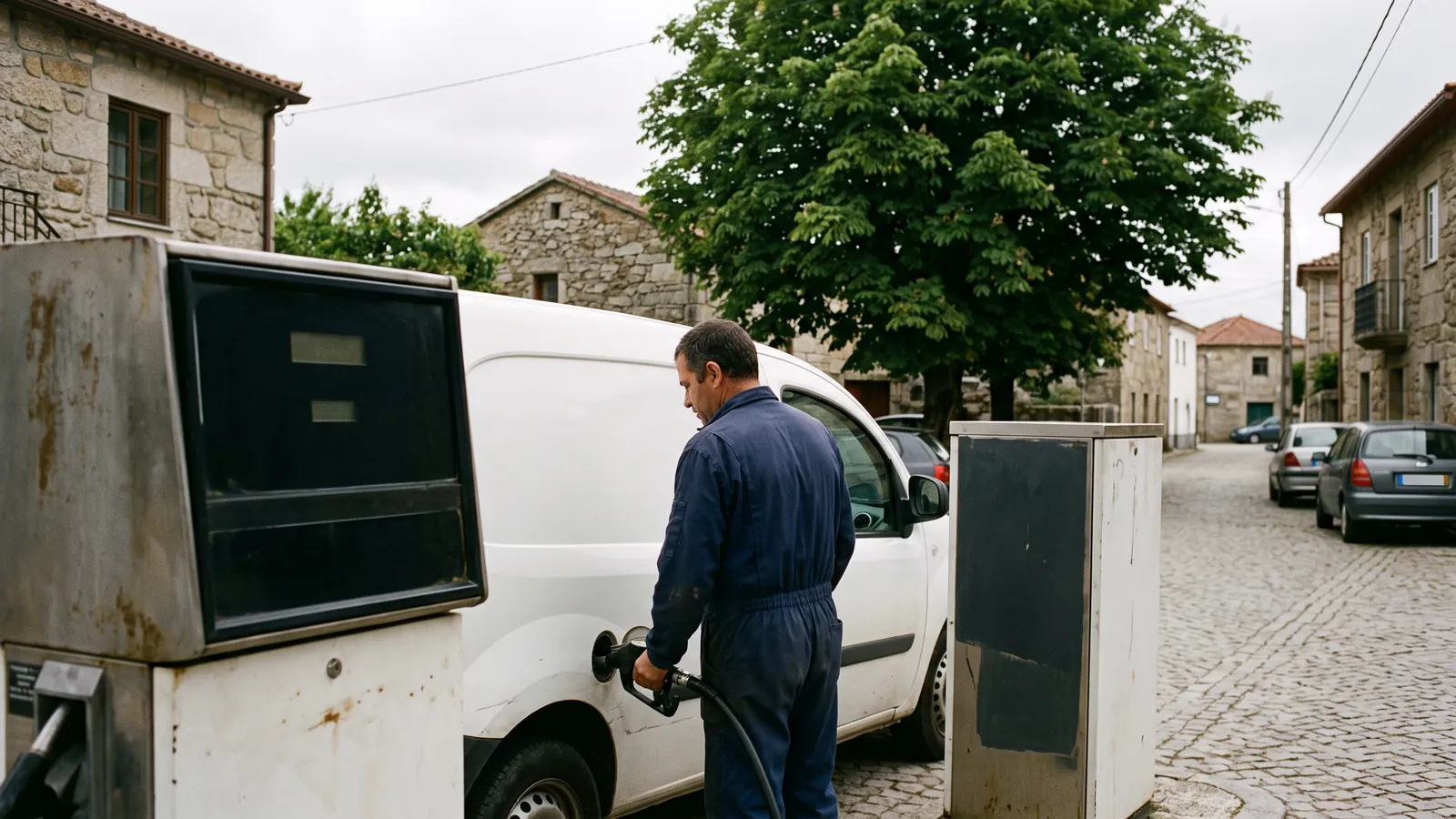 Homem de fato-macaco azul a abastecer uma carrinha branca numa bomba simples, numa aldeia de casas de granito e calçada com um castanheiro ao fundo, num dia de céu encoberto