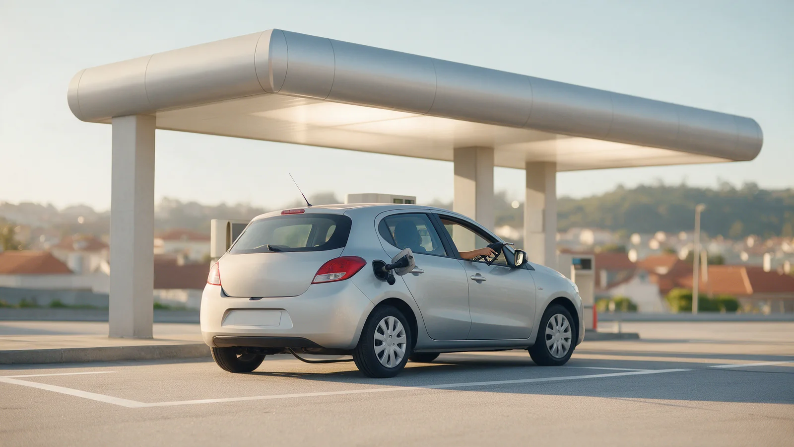 Carro compacto prateado, sem marca visível, a abastecer num posto genérico sem logótipos nos arredores do Porto, com luz dourada de fim de tarde