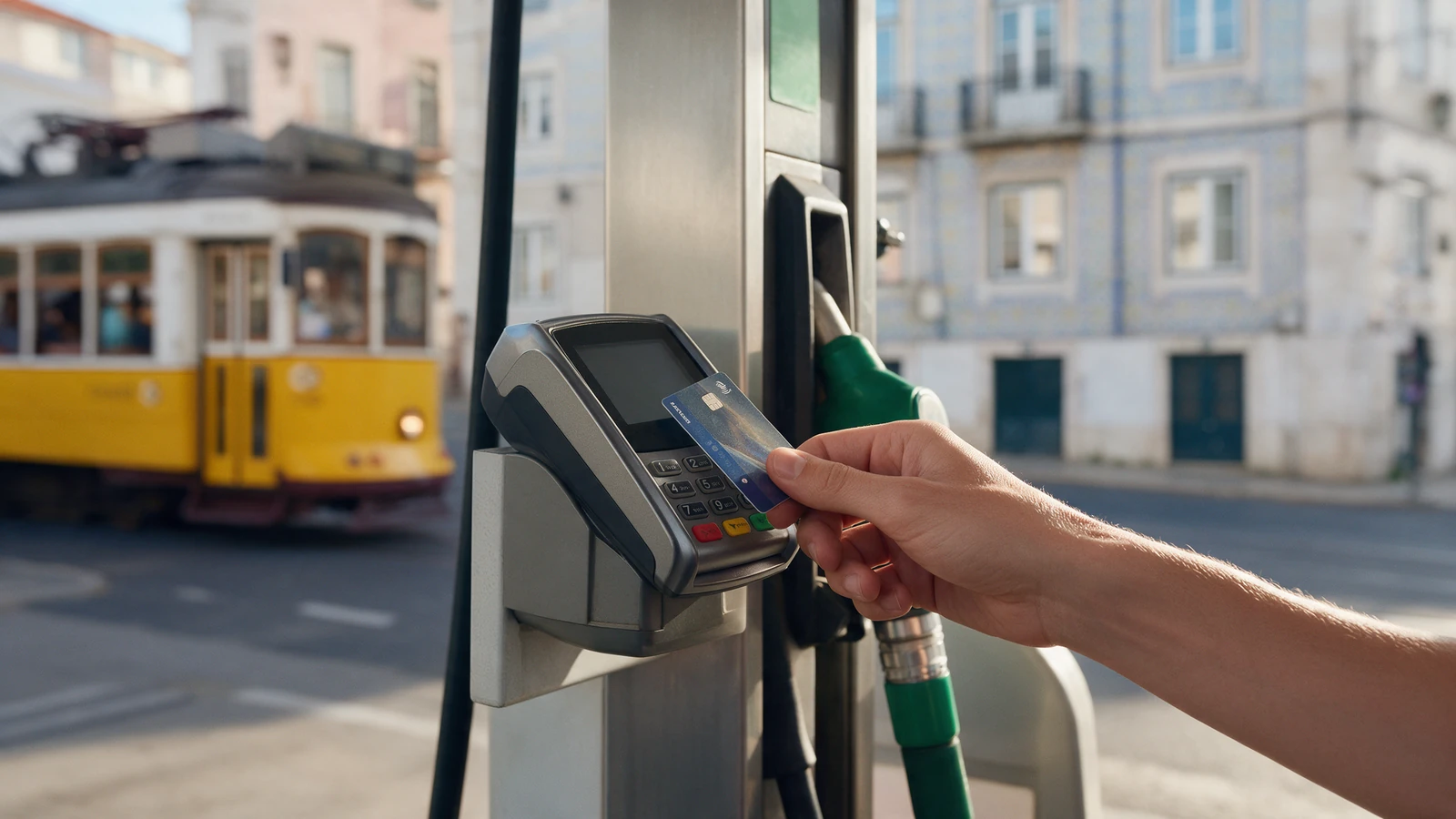 Mão a pagar com cartão sem contacto num terminal de uma bomba de combustível em Lisboa, com um elétrico amarelo e fachadas de azulejo desfocados ao fundo