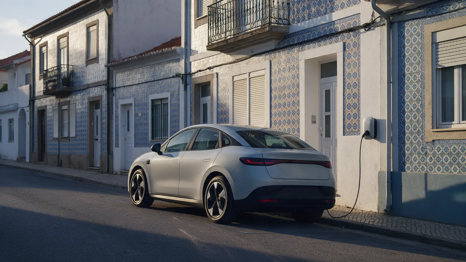 Carro elétrico sem marca legível ligado a um carregador de parede simples numa rua tranquila de casas com azulejos, em Portugal, ao fim da tarde