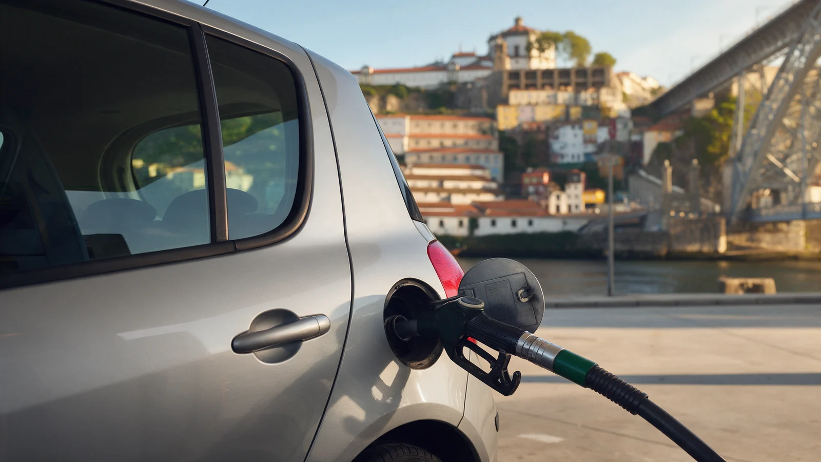 Pistola de abastecimento no depósito de um carro compacto prateado sem marca, junto ao rio Douro no Porto, com as casas da Ribeira e a ponte desfocadas ao fundo