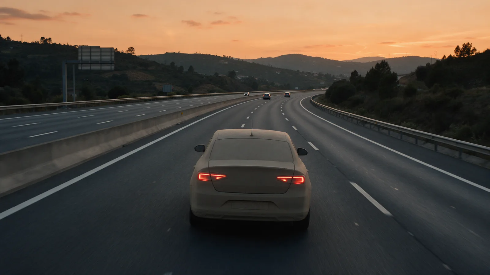 Carro sem marca visível, visto de trás, numa autoestrada portuguesa ao anoitecer, com as luzes traseiras acesas e o céu cor de laranja ao fundo