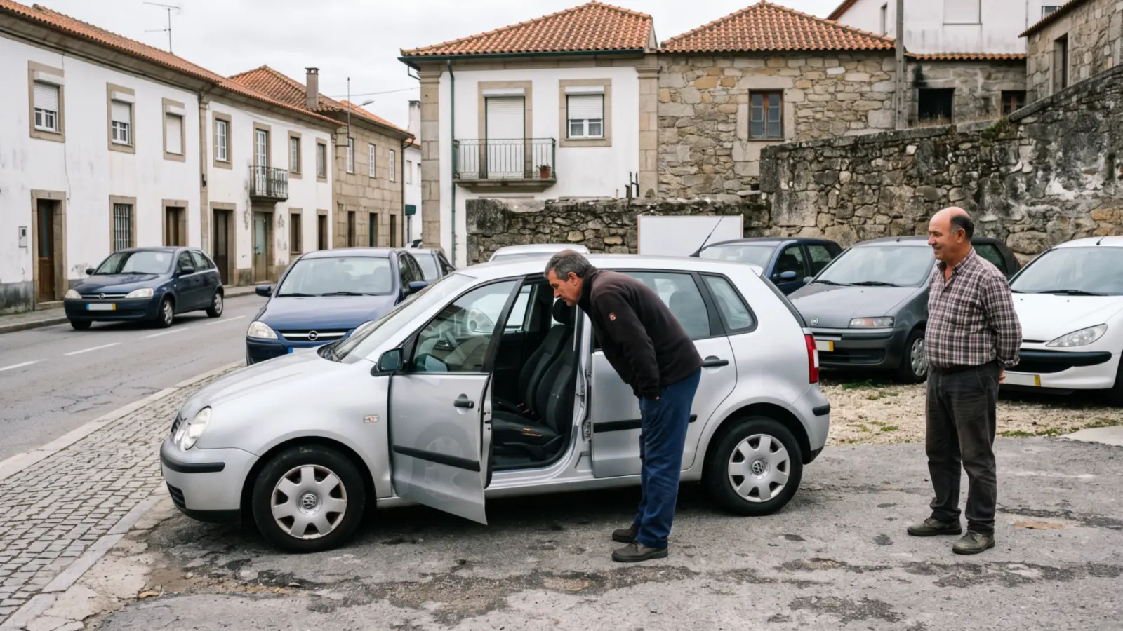 Homem de casaco escuro inclinado a espreitar o interior de um utilitário prateado de porta aberta, num parque de carros usados de uma vila de granito e casas caiadas, com um vendedor a observar de lado